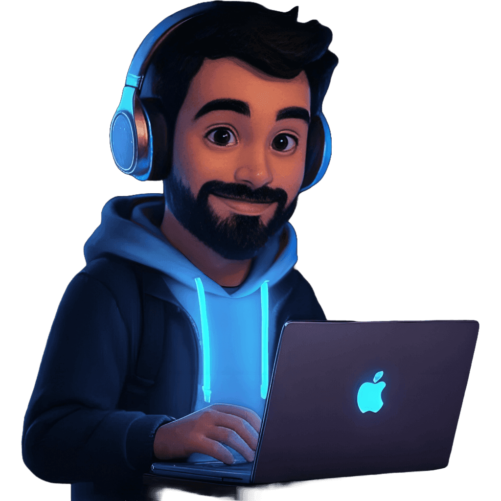 Illustrated avatar of Naman Bhayana wearing headphones, working on a laptop